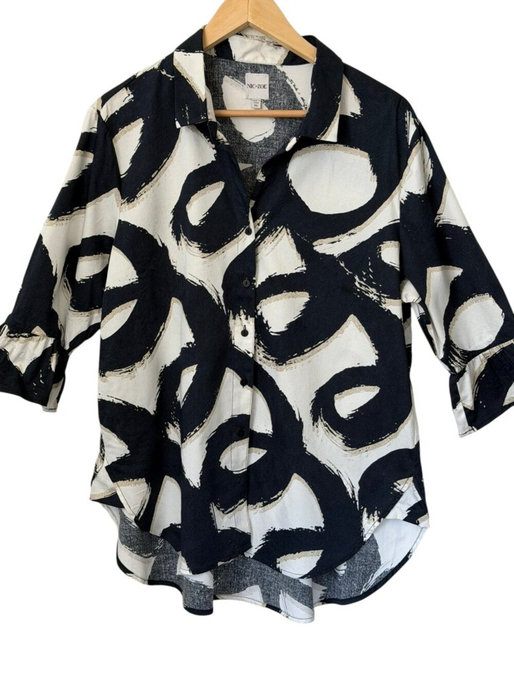 NIC+ZOE Squiggle Stretch Zest Brushstroke Print Ruffle Sleeve Button Up Top XL